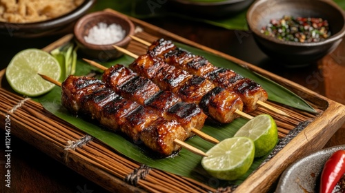 Grilled Skewers Served with Lime and Spices on a Wooden Tray