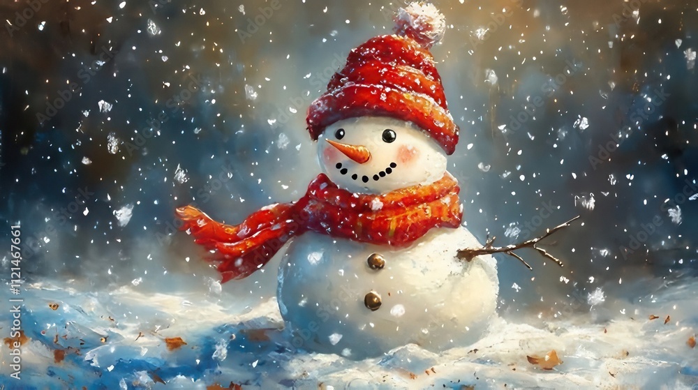Cheerful snowman in red hat and scarf during snowfall. Cheerful snowman in red hat and scarf during snowfall.