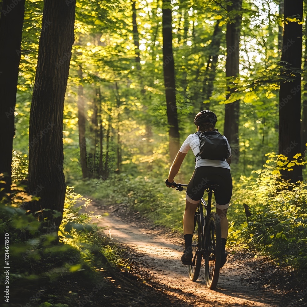 A cyclist zipping down a cycling trail, weaving between trees and avoiding obstacles along the path. A cyclist zipping down a cycling trail, weaving between trees and avoiding obstacles along the path.
