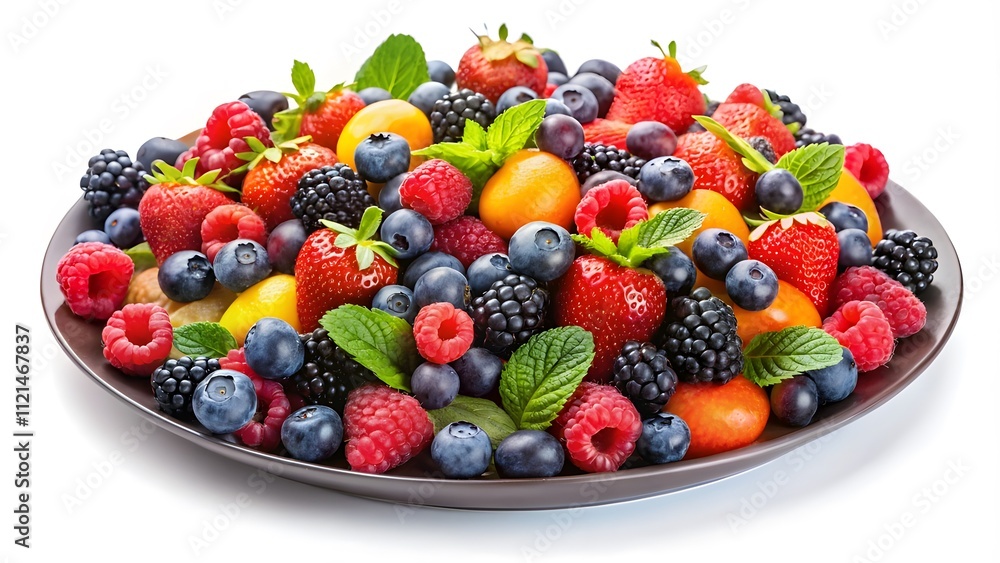 A fruit platter with mixed berries, isolated on a white background, featuring a vibrant assortment of fresh strawberries, blueberries, raspberries, and blackberries, perfect for healthy snacking