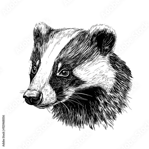 Badger illustration, vintage art, trendy black sketch effect, forest animal, old engraving style, nocturnal, vector print design, wildlife, antique style, white background.