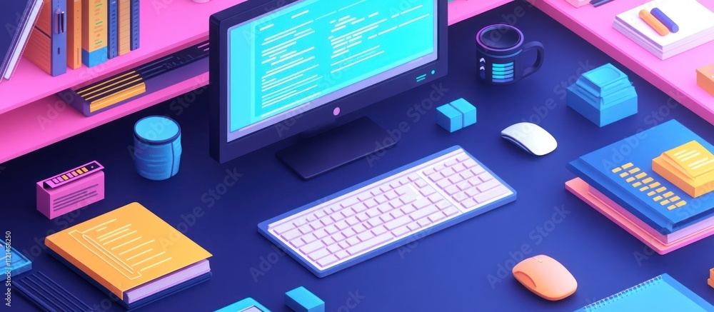 Isometric illustration of a desktop with a computer, keyboard, mouse, books, and other office supplies. Isometric illustration of a desktop with a computer, keyboard, mouse, books, and other office supplies.