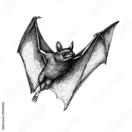 Trendy animal art, hand-drawn bat in vintage black sketch effect, wildlife illustration, wall decor on white background.