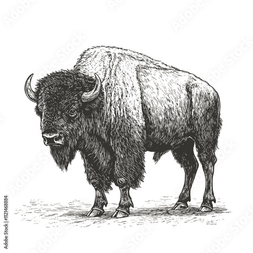 Antique style bison illustration, hand-drawn, black sketch effect, vintage art, large animal, North America wildlife, vector print design, trendy, old engraving style, white background. photo