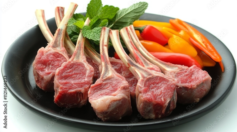 Fresh Lamb Chops with Mint and Colorful Peppers on Black Plate Fresh Lamb Chops with Mint and Colorful Peppers on Black Plate
