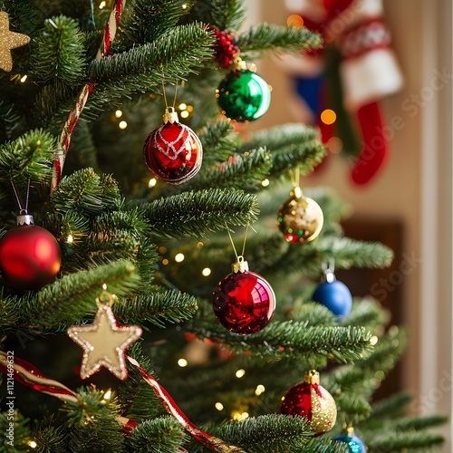 A fresh pine tree with rich green needles, decorated with colorful baubles and ribbons.

 photo