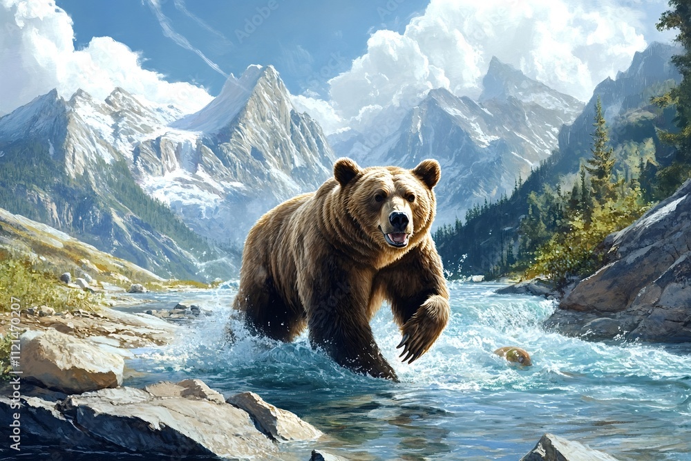 Large brown bear walking through a cold, clear river, flowing from majestic snowy mountains on a sunny summer day, creating a stunning and picturesque wildlife scene Large brown bear walking through a cold, clear river, flowing from majestic snowy mountains on a sunny summer day, creating a stunning and picturesque wildlife scene