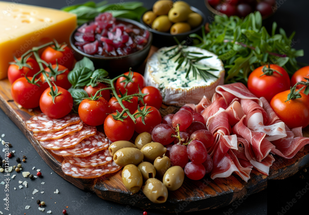 Vibrant fresh ingredients on wood board. A wooden board displays a vibrant array of tomatoes, olives, cheese, and cured meats, ready for enjoyment. Vibrant fresh ingredients on wood board. A wooden board displays a vibrant array of tomatoes, olives, cheese, and cured meats, ready for enjoyment.
