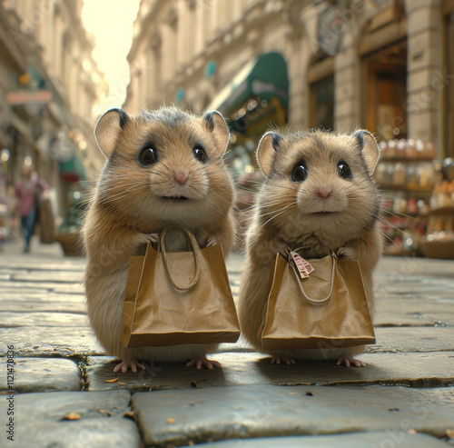 Cute hamsters shopping in a busy city street. Two adorable hamsters carry paper bags while walking down a bustling cobblestone street in an urban environment. photo