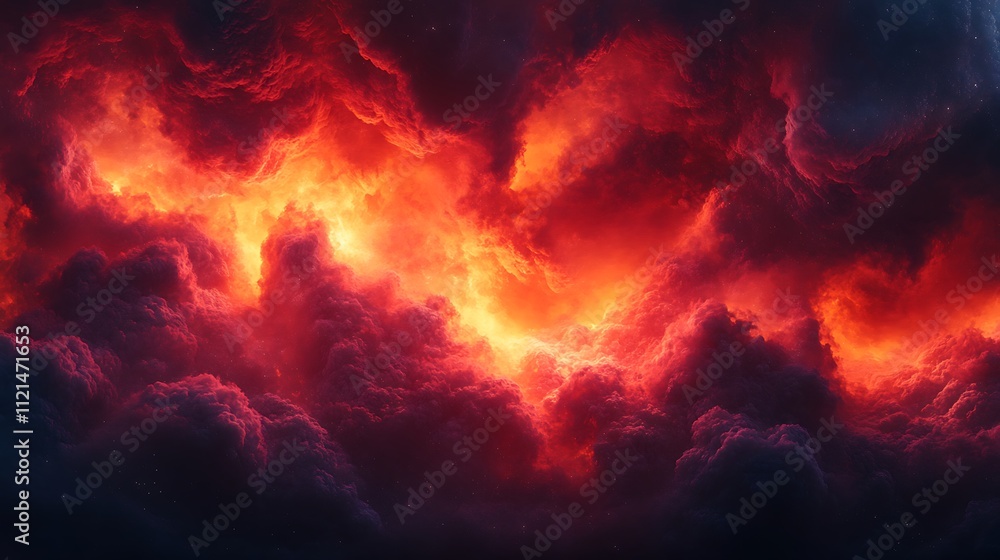 Fototapeta premium Stylized 3D cartoon render of dramatic red and orange swirling clouds expanding over a black backdrop