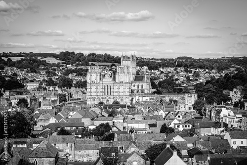 Wells, Somerset, England, UK: Aerial view of Wells old town and Wells Cathedral, the Cathedral Church of St. Andrew in black and white