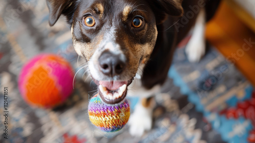 A dog is playing with a ball and a toy