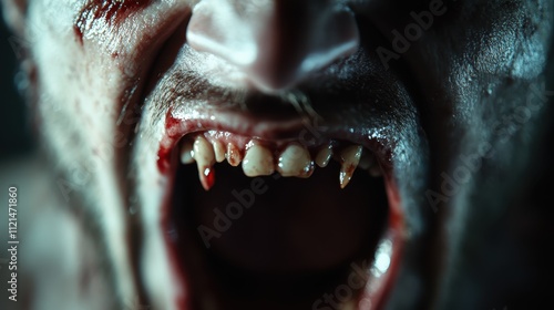 A horror-themed close-up of a vampire's gaping mouth with blood-stained teeth, highlighting the sinister and terrifying nature of this mythical creature. photo