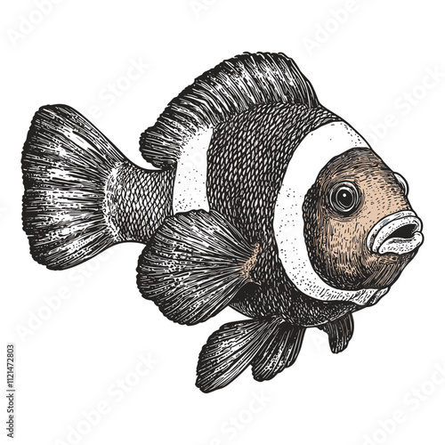 Aquatic art of hand-drawn clownfish, vintage illustration, black sketch effect, wildlife print, engraving style, trendy design, white background.