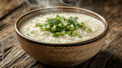 Creamy Rice Porridge with Fresh Herbs and Green Onions Garnish