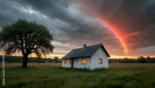 old house and big tree in a countryside with red sky view at sunset