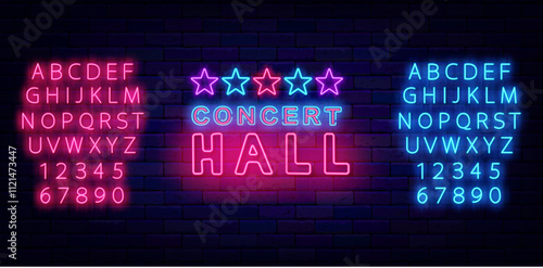 Concert hall neon badge with five stars. Music talent performance. Vector stock illustration