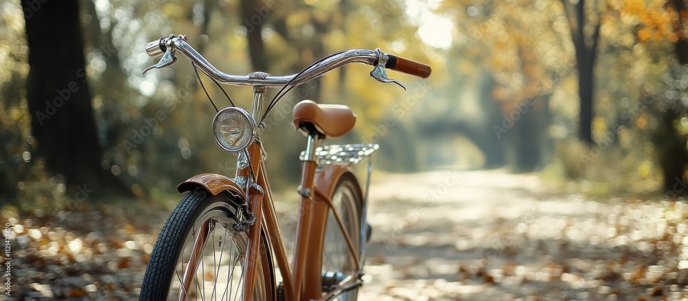 Fototapeta premium A vintage bicycle parked on a path in a forest, with autumn leaves on the ground.
