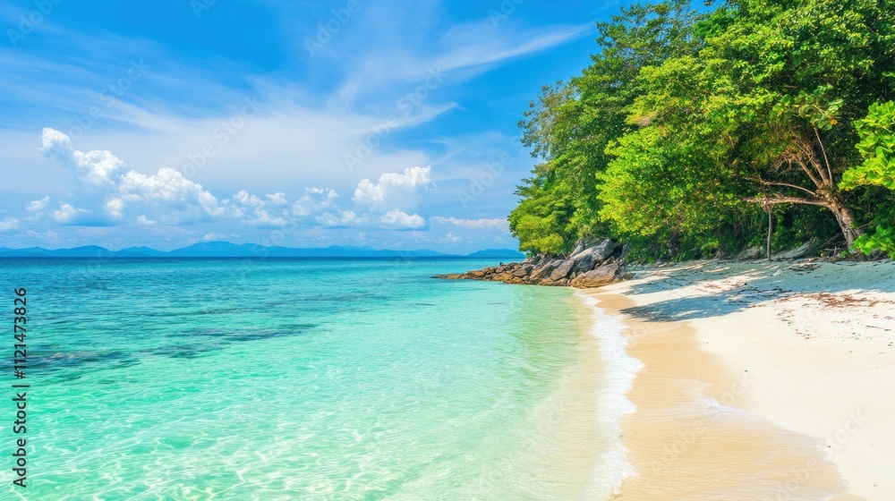 Fototapeta premium Tropical Paradise: Serene Beach, Azure Waters, Lush Greenery