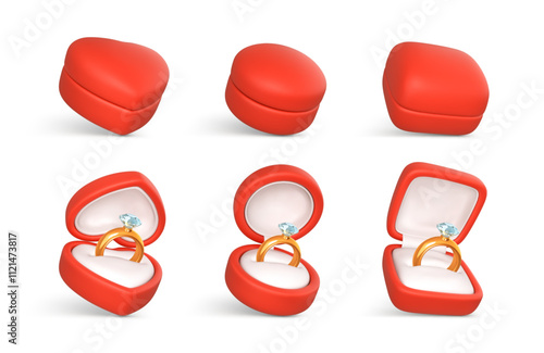 Red boxes for the rings. Engagement ring with precious stone in open box. Accessory for marriage proposal. Vector illustration