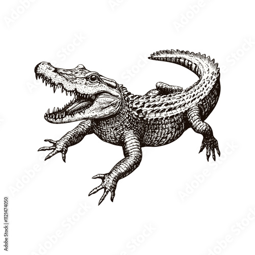 Retro crocodile illustration in engraving style black sketch antique vintage art reptile predator print design trendy white background wildlife artistic home decor. photo