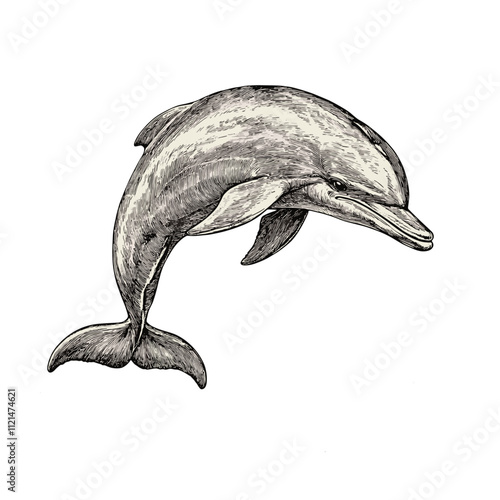 Hand-drawn dolphin illustration, black sketch style, vintage art, animal print, trendy engraving, sea creature design, oceanic decor, white background. photo