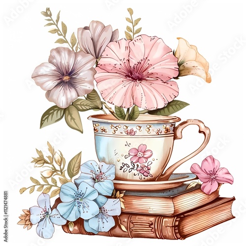 Illustration cup in medieval style , book and flowers, Bridgerton style	
