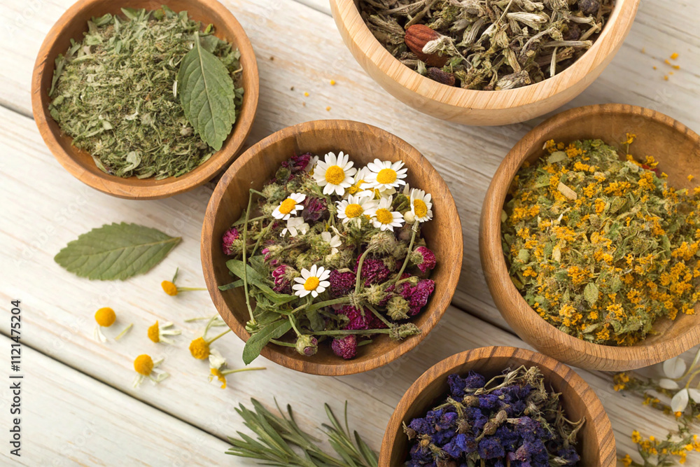 Overhead view of various herbal tea blends in wooden bowls. Overhead view of various herbal tea blends in wooden bowls.