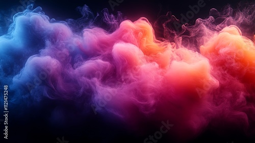 Cloud like formations of swirling colorful smoke in a stylized vibrant 3D render against a solid black backdrop photo