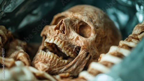 A close-up of a desiccated human skull with prominent teeth, illustrating the texture of decay under ambient lighting—an exploration of mortality and time. photo