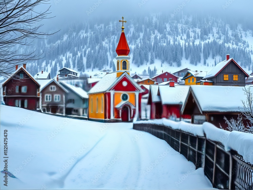 Fototapeta premium Snowy Village Church Path - Vibrant Winter Wonderland