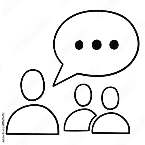 Hand drawn doodle group of people and chat bubble icon on white background.