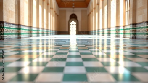 A charming hallway adorned with green and white tiles stretches into the distance, beautifully illuminated by natural light streaming through the windows on both sides. photo