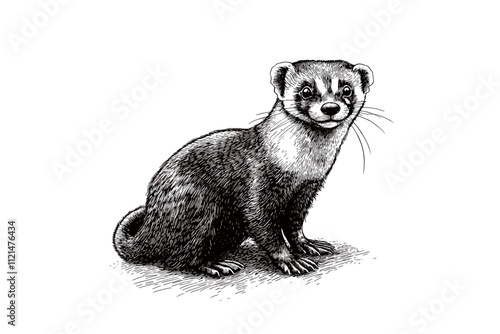 Small predator ferret illustration, vintage art, black sketch effect, trendy wildlife print design, vector in antique style, white background.