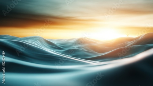 A digital sunrise casts vibrant orange and teal colors on serene ocean waves, creating an abstract visual experience, evoking peace, and reflection. photo