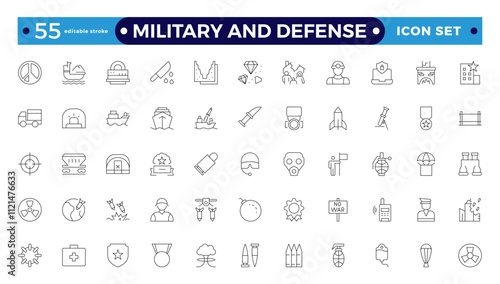 Military equipment, combat war weapon line icon set. Missile bomb and grenade, pistol and medal of army soldier, target of gun drone Military and Defense editable stroke outline icon.