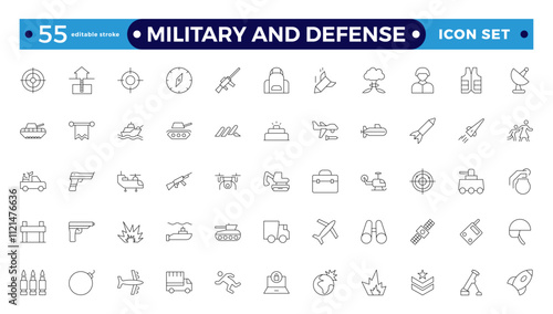 Military equipment, combat war weapon line icon set. Missile bomb and grenade, pistol and medal of army soldier, target of gun drone Military and Defense editable stroke outline icon.
