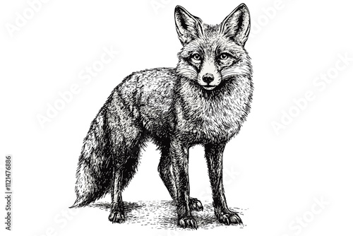 Hand-drawn forest fox in antique engraving style, black and white wildlife sketch, trendy vintage art, predator illustration, rustic vector design, nature-inspired decor.