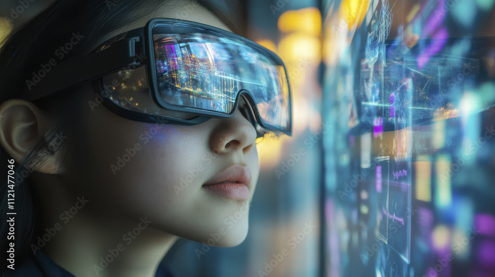 Close up of student wearing augmented reality glasses, immersed in digital world. glasses reflect vibrant data visuals, showcasing technology impact on learning Close up of student wearing augmented reality glasses, immersed in digital world. glasses reflect vibrant data visuals, showcasing technology impact on learning