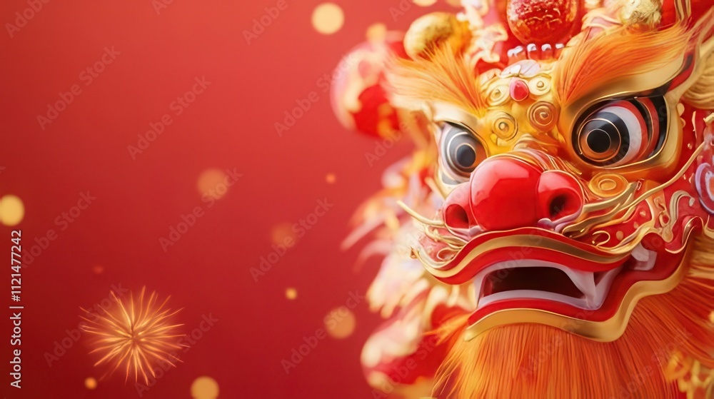 Close-up of a vibrant, ornate lion dance head against a red background with bokeh lights. Close-up of a vibrant, ornate lion dance head against a red background with bokeh lights.