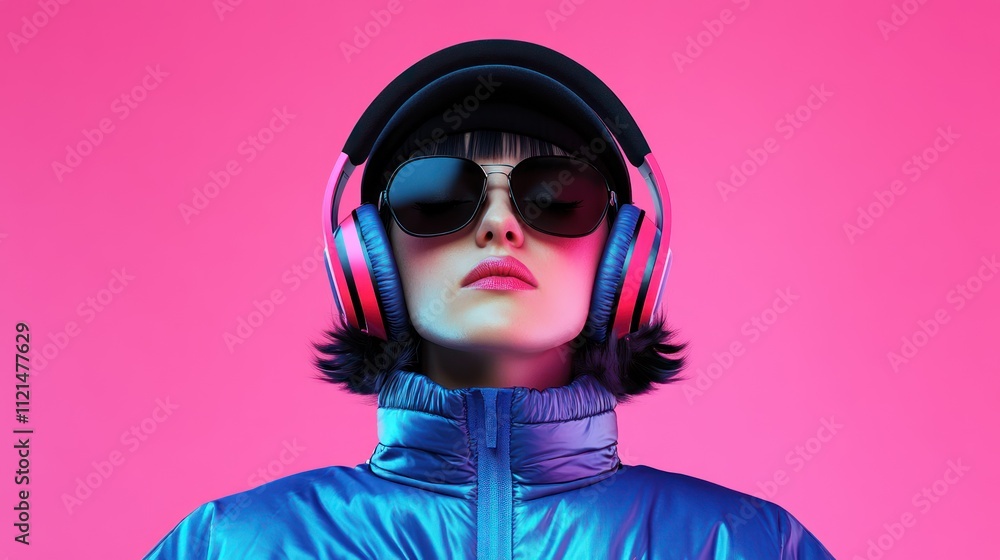 A stylish individual in headphones against a vibrant pink backdrop. A stylish individual in headphones against a vibrant pink backdrop.