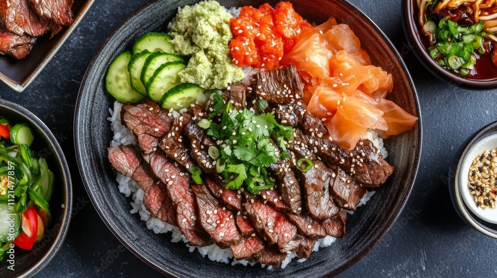Delicious Beef Bowl with Vegetables and Condiments on a Black Table Delicious Beef Bowl with Vegetables and Condiments on a Black Table