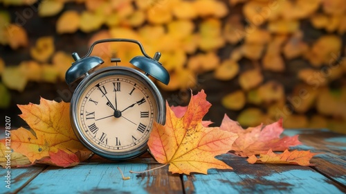 Maple leaves on the wooden board and an alarm clock photo