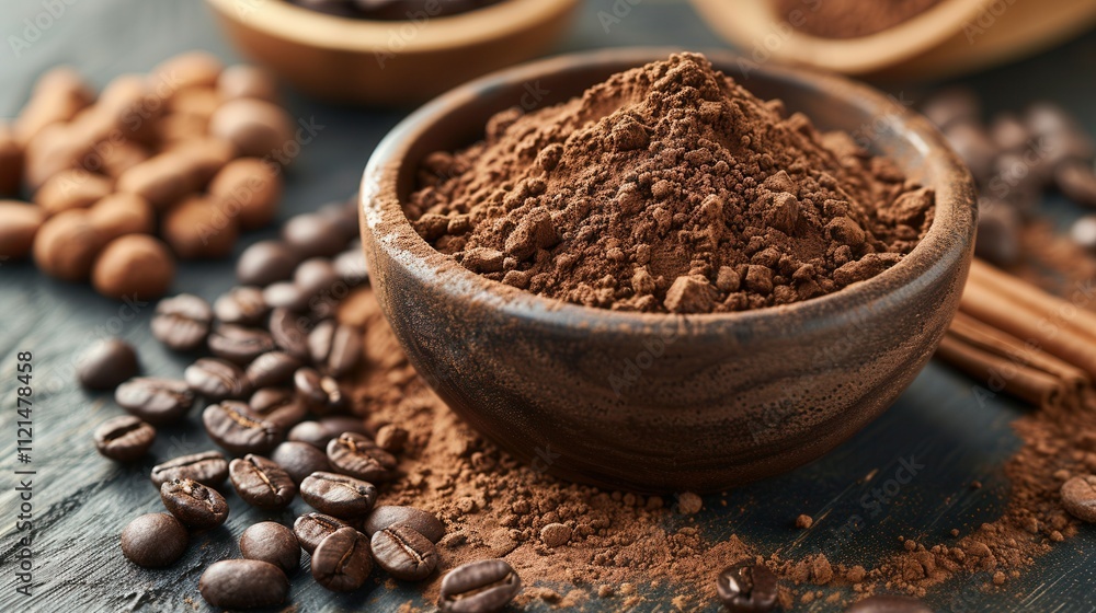 Rich cocoa powder surrounded by coffee beans and spices on a dark wooden surface. Generative AI Rich cocoa powder surrounded by coffee beans and spices on a dark wooden surface. Generative AI