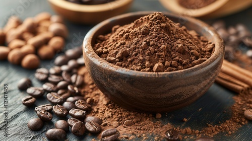 Rich cocoa powder surrounded by coffee beans and spices on a dark wooden surface. Generative AI