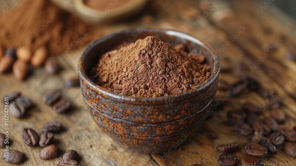 Rich cocoa powder sits in a rustic bowl surrounded by coffee beans on a wooden surface inviting indulgence. Generative AI Rich cocoa powder sits in a rustic bowl surrounded by coffee beans on a wooden surface inviting indulgence. Generative AI