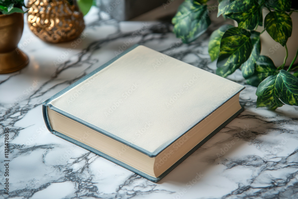 Fototapeta premium Close-up of a hardcover book with a blank cover resting on a marble surface. A touch of greenery adds a natural element to the scene.