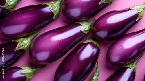 Vibrant, glossy eggplants are artfully arranged on a bright pink background, creating a striking visual that's perfect for cooking or food-related projects. photo