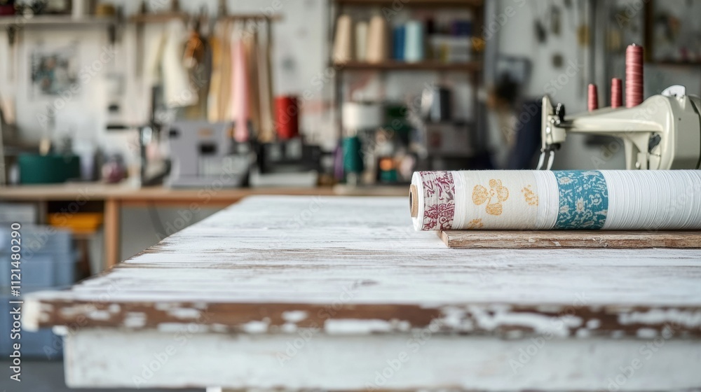 Obraz premium A sewing workshop with fabric rolls and a sewing machine. Concept of creativity and craftsmanship.