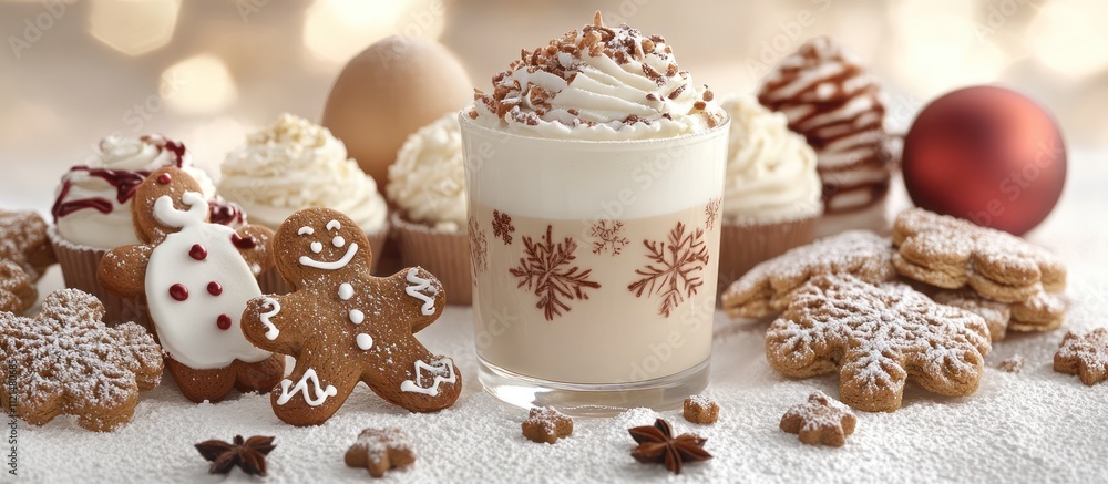 Fototapeta premium Delicious winter treats with gingerbread men, cupcakes, and a creamy latte.